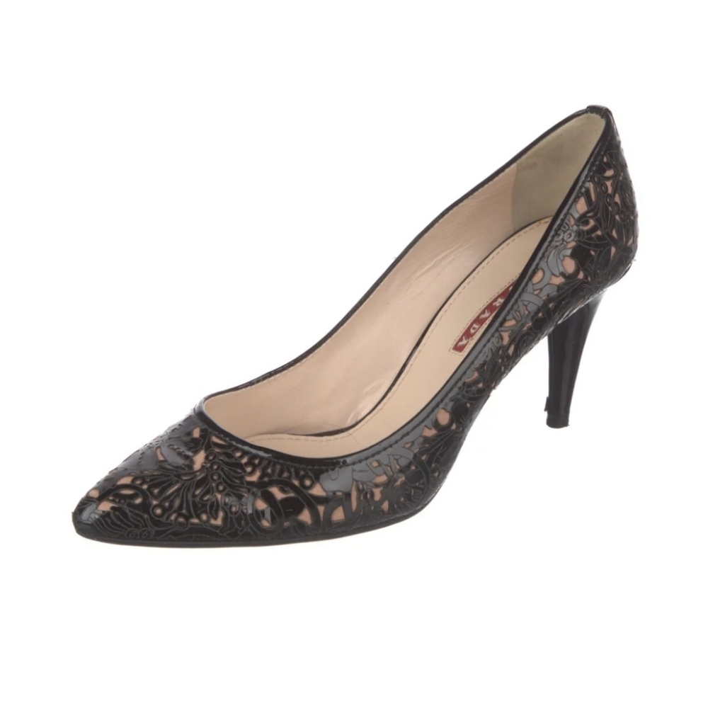 Prada Laser Cut Patent Leather Pumps Black & Tan Size 5.5